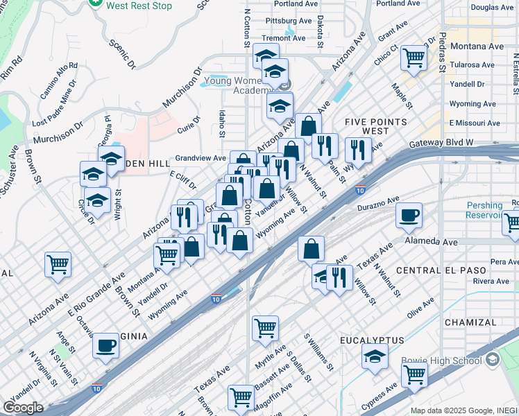 map of restaurants, bars, coffee shops, grocery stores, and more near 1904 Yandell Drive in El Paso