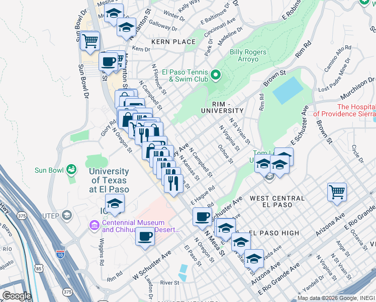 map of restaurants, bars, coffee shops, grocery stores, and more near 2201 North Kansas Street in El Paso