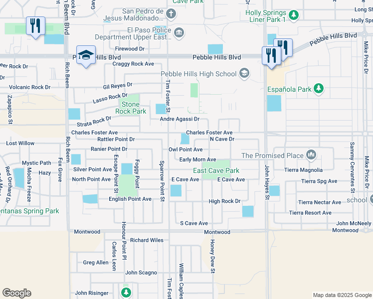 map of restaurants, bars, coffee shops, grocery stores, and more near 14314 Owl Point Avenue in El Paso