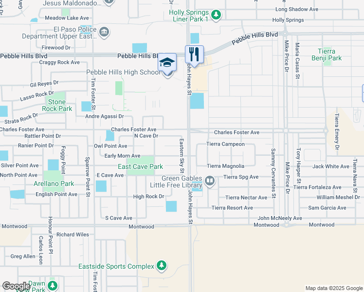 map of restaurants, bars, coffee shops, grocery stores, and more near Whisper Mare in El Paso