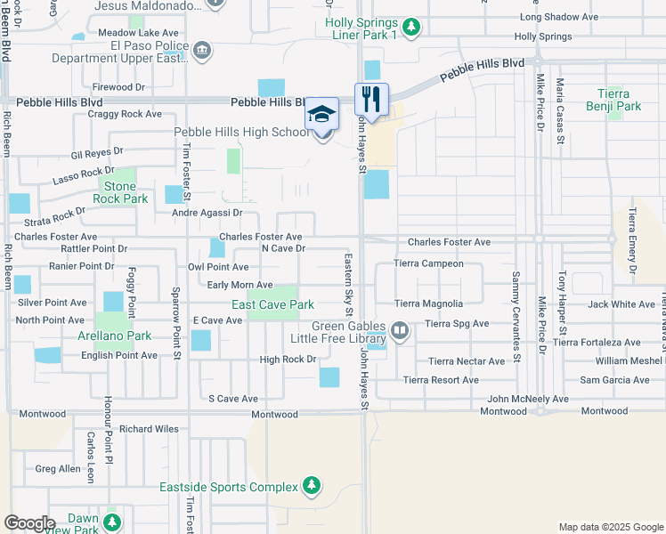 map of restaurants, bars, coffee shops, grocery stores, and more near Whisper Mare in El Paso