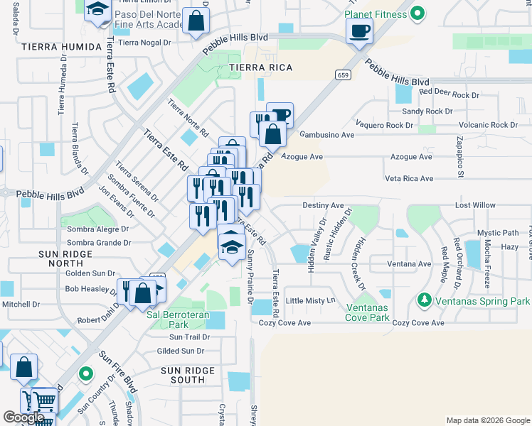 map of restaurants, bars, coffee shops, grocery stores, and more near 3193 Diego Aidan Drive in El Paso