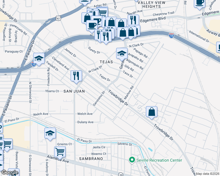 map of restaurants, bars, coffee shops, grocery stores, and more near 906 Geronimo Drive in El Paso