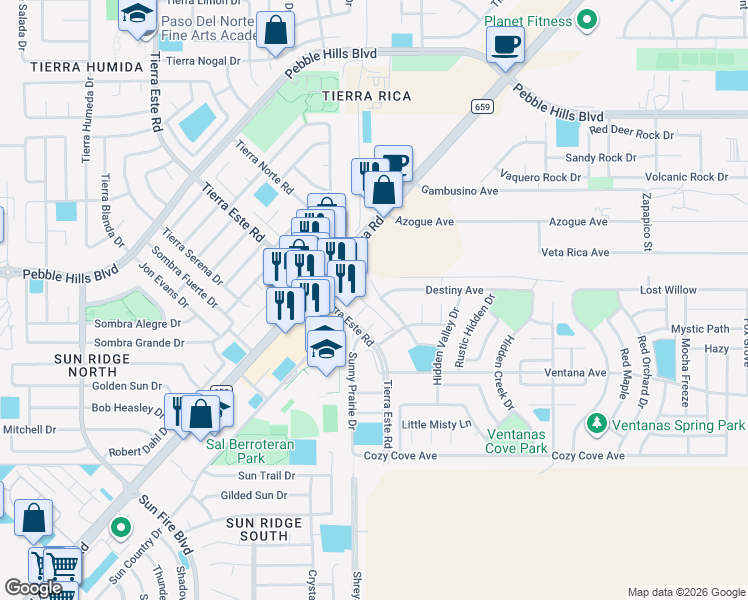 map of restaurants, bars, coffee shops, grocery stores, and more near 3193 Diego Aidan Drive in El Paso