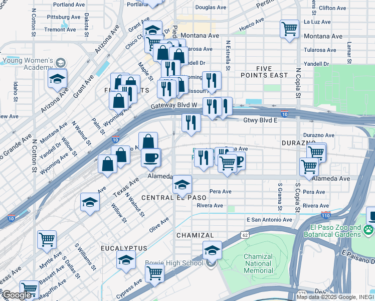 map of restaurants, bars, coffee shops, grocery stores, and more near 2900 North Raynor Street in El Paso