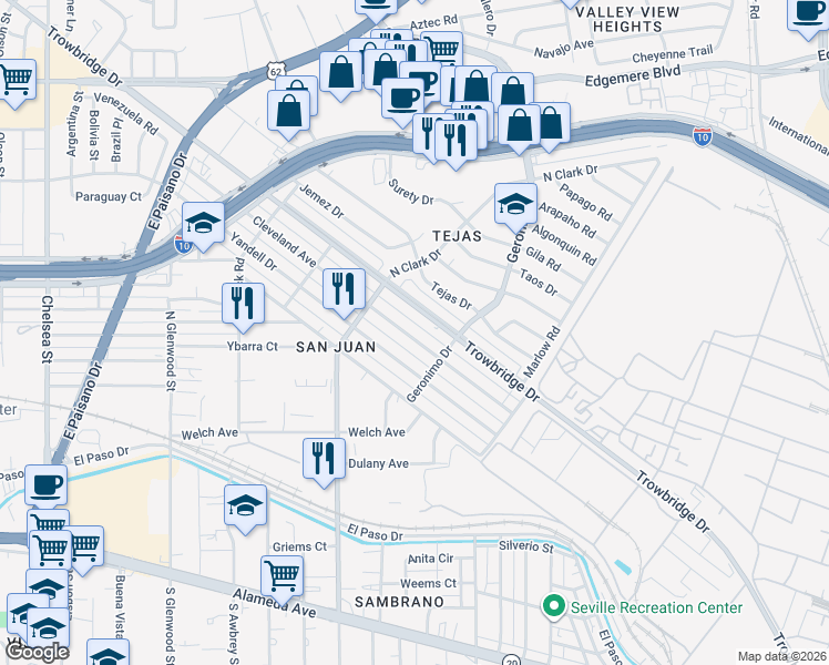 map of restaurants, bars, coffee shops, grocery stores, and more near 6134 Trowbridge Drive in El Paso