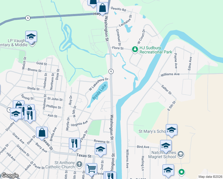 map of restaurants, bars, coffee shops, grocery stores, and more near 1337 Washington Street in Natchitoches