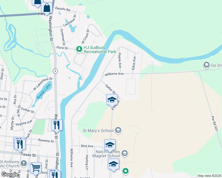 map of restaurants, bars, coffee shops, grocery stores, and more near 1519 Salter Street in Natchitoches