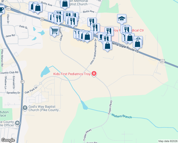 map of restaurants, bars, coffee shops, grocery stores, and more near Trojan Parkway in Troy