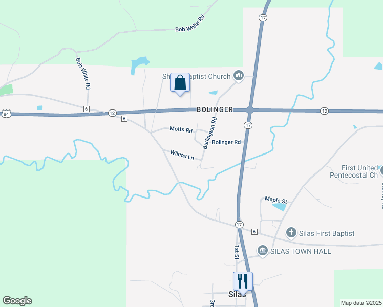 map of restaurants, bars, coffee shops, grocery stores, and more near 150 Wilcox Lane in Silas