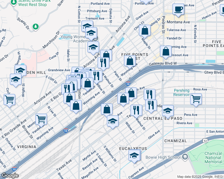 map of restaurants, bars, coffee shops, grocery stores, and more near 648-698 N Walnut St in El Paso
