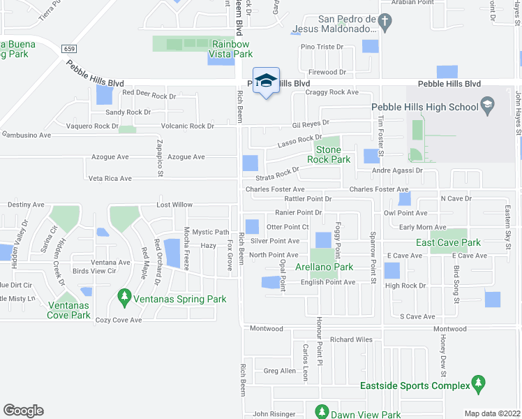 map of restaurants, bars, coffee shops, grocery stores, and more near 14195 Ranier Point Drive in El Paso