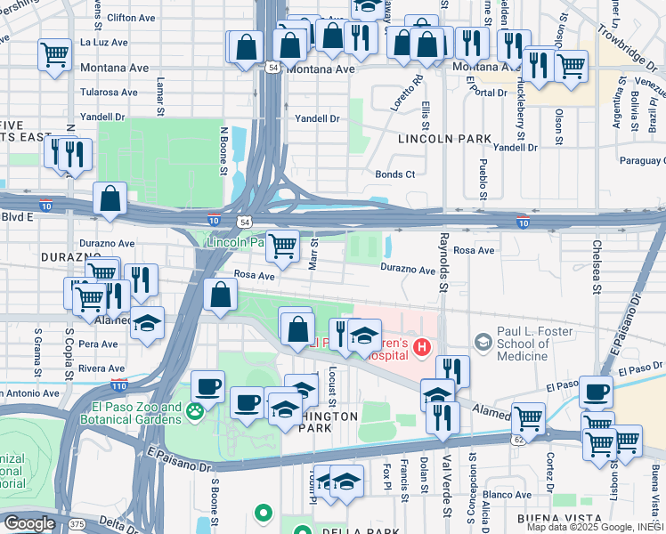 map of restaurants, bars, coffee shops, grocery stores, and more near 4411 Durazno Avenue in El Paso