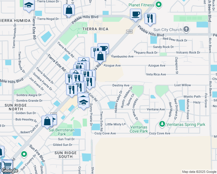 map of restaurants, bars, coffee shops, grocery stores, and more near 12724 Destiny Avenue in El Paso