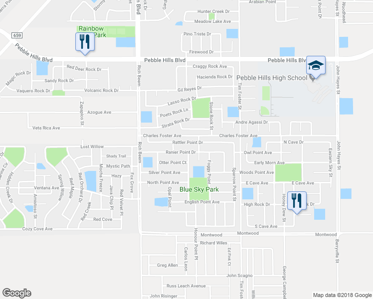 map of restaurants, bars, coffee shops, grocery stores, and more near 14228 Rattler Point Drive in El Paso