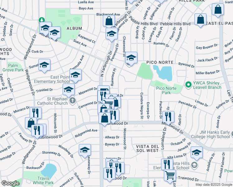 map of restaurants, bars, coffee shops, grocery stores, and more near 10424 Maxwood Drive in El Paso