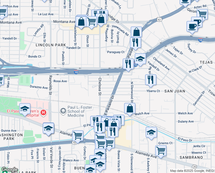 map of restaurants, bars, coffee shops, grocery stores, and more near 5408 Rosa Avenue in El Paso