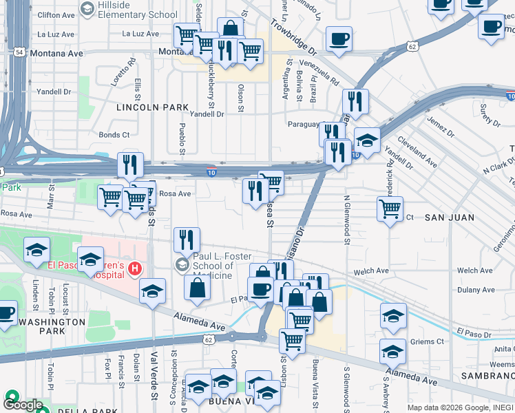 map of restaurants, bars, coffee shops, grocery stores, and more near 5316 Rosa Avenue in El Paso
