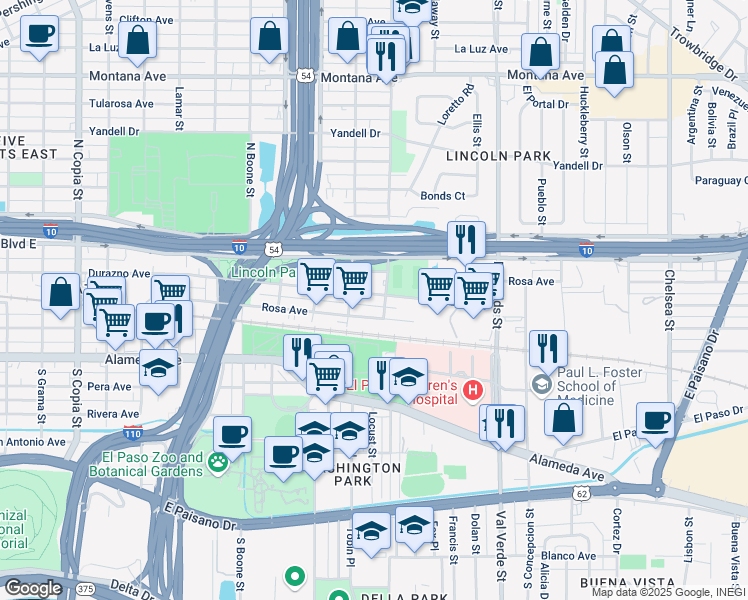 map of restaurants, bars, coffee shops, grocery stores, and more near 4411 Durazno Avenue in El Paso