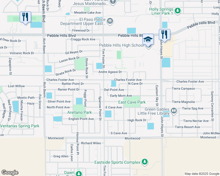 map of restaurants, bars, coffee shops, grocery stores, and more near 14307 Owl Point Avenue in El Paso