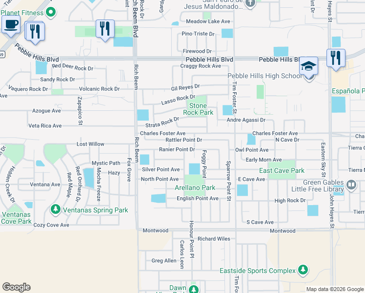 map of restaurants, bars, coffee shops, grocery stores, and more near 14228 Rattler Point Drive in El Paso