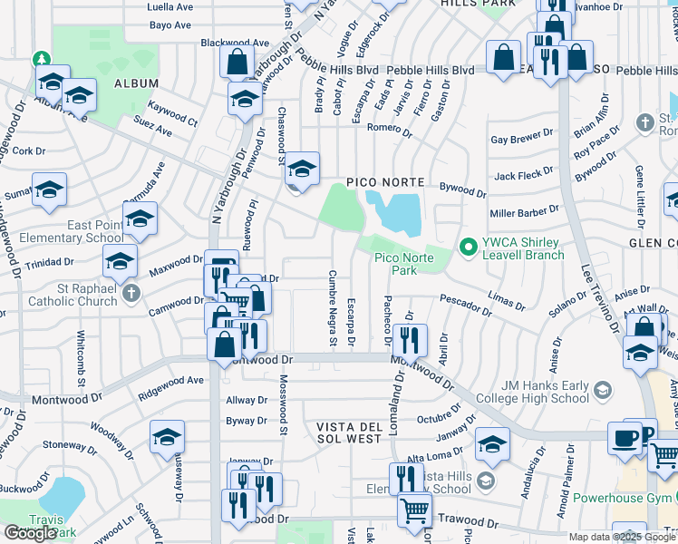 map of restaurants, bars, coffee shops, grocery stores, and more near 2302 Cumbre Negra Street in El Paso