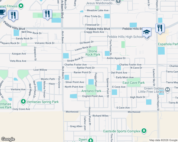 map of restaurants, bars, coffee shops, grocery stores, and more near 14243 Ranier Point Drive in El Paso