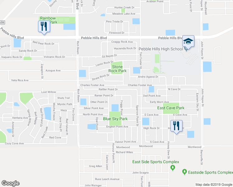 map of restaurants, bars, coffee shops, grocery stores, and more near 14247 Ranier Point Drive in El Paso