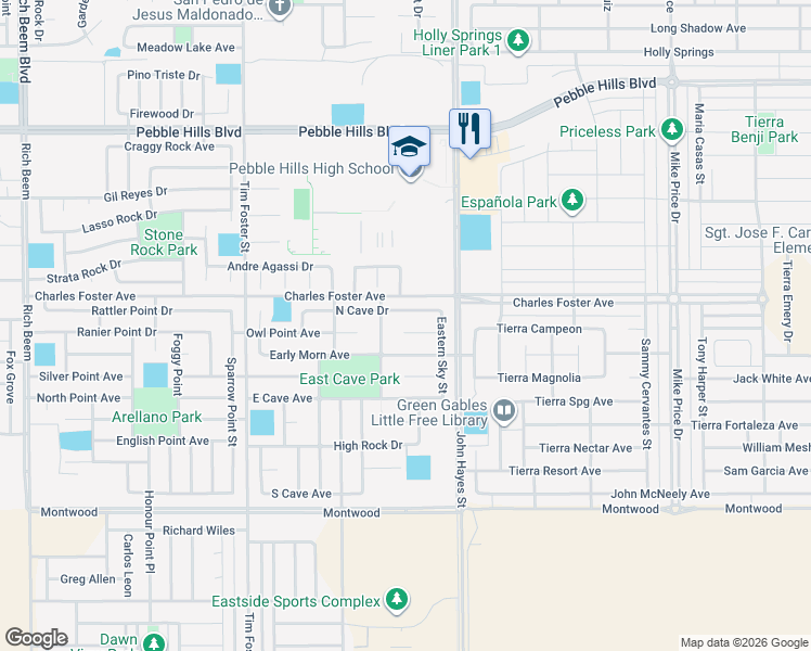 map of restaurants, bars, coffee shops, grocery stores, and more near 14384 North Cave Drive in El Paso