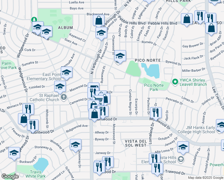 map of restaurants, bars, coffee shops, grocery stores, and more near 10505 Gran Cima Lane in El Paso