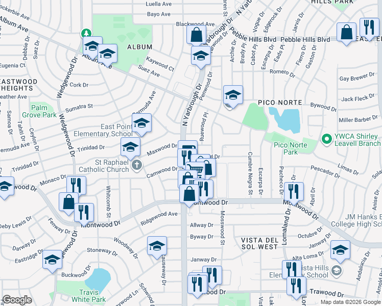 map of restaurants, bars, coffee shops, grocery stores, and more near 10400 Maxwood Drive in El Paso