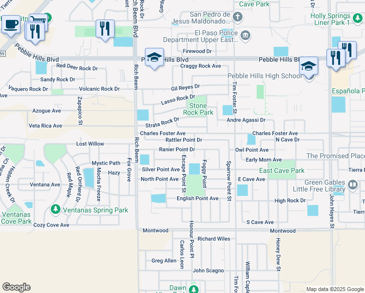 map of restaurants, bars, coffee shops, grocery stores, and more near 14233 Ranier Point Drive in El Paso