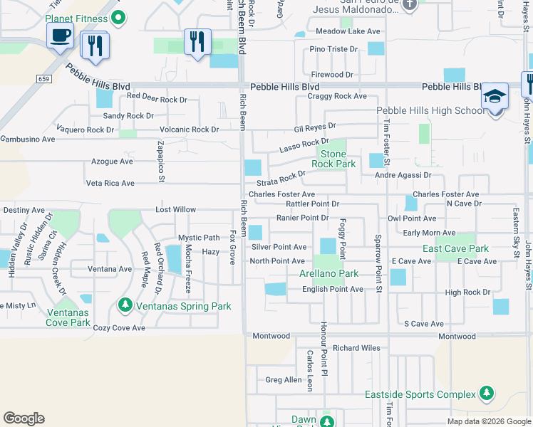 map of restaurants, bars, coffee shops, grocery stores, and more near 14195 Ranier Point Drive in El Paso