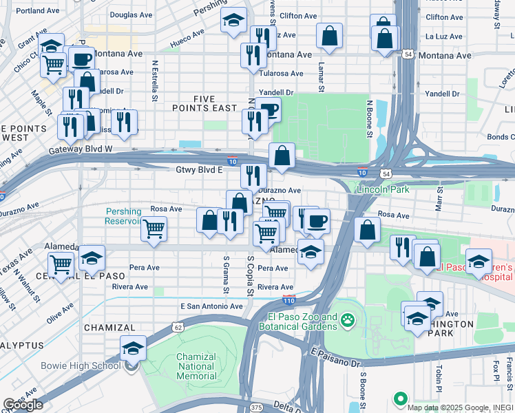 map of restaurants, bars, coffee shops, grocery stores, and more near 212 North Copia Street in El Paso