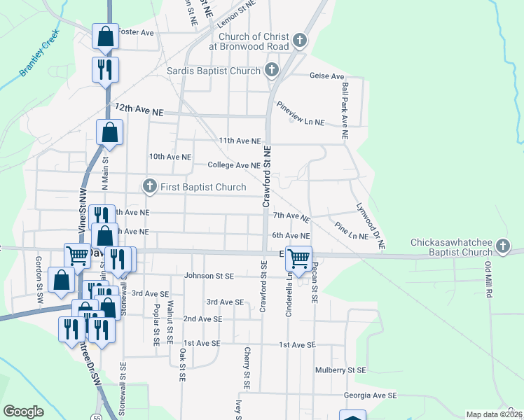 map of restaurants, bars, coffee shops, grocery stores, and more near 330 Georgia 118 in Dawson