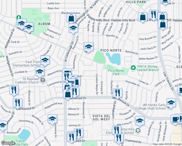 map of restaurants, bars, coffee shops, grocery stores, and more near 10517 Ashwood Drive in El Paso