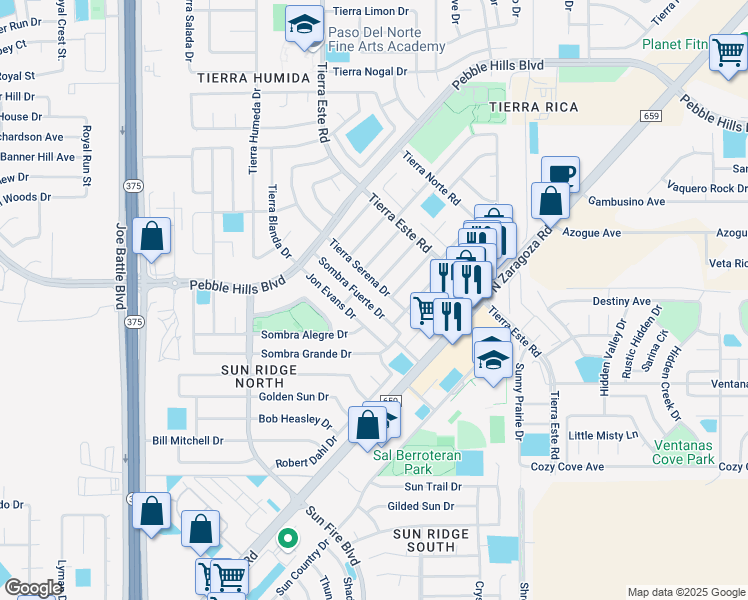 map of restaurants, bars, coffee shops, grocery stores, and more near 2201 Tierra De Oro Way in El Paso