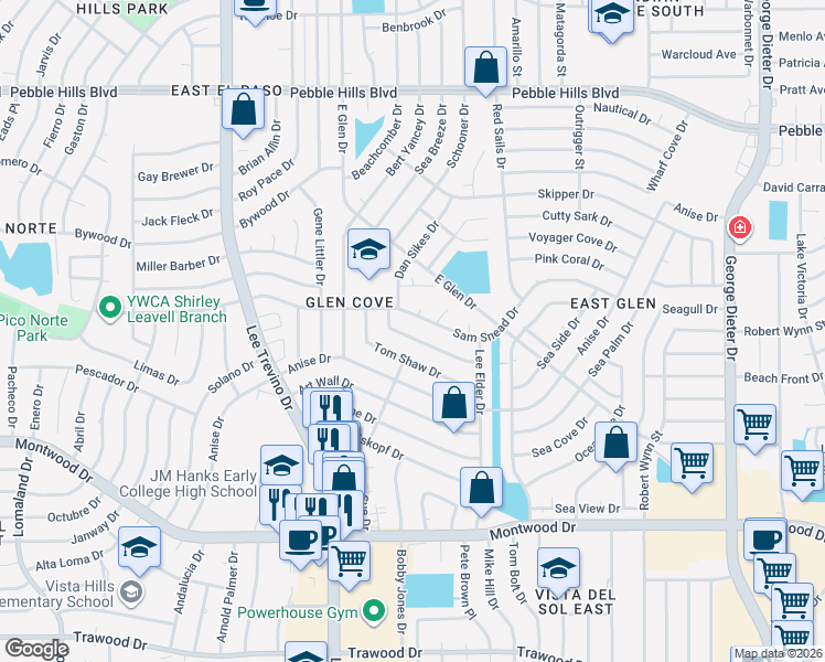 map of restaurants, bars, coffee shops, grocery stores, and more near 11032 Sam Snead Drive in El Paso