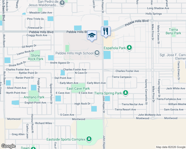 map of restaurants, bars, coffee shops, grocery stores, and more near 14384 North Cave Drive in El Paso