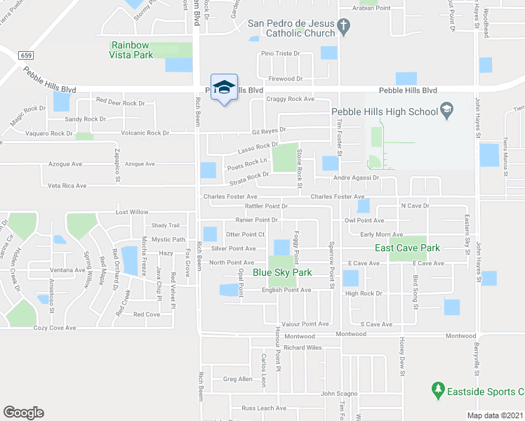 map of restaurants, bars, coffee shops, grocery stores, and more near 14228 Rattler Point Drive in El Paso