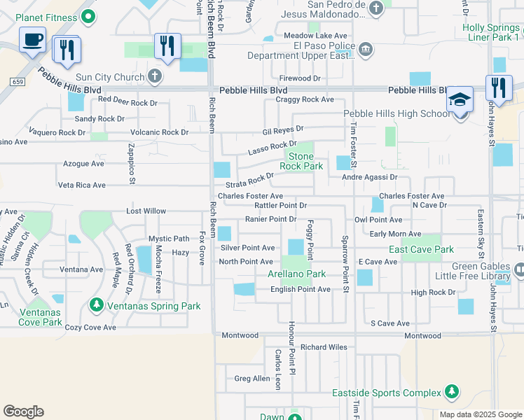 map of restaurants, bars, coffee shops, grocery stores, and more near 14228 Rattler Point Drive in El Paso