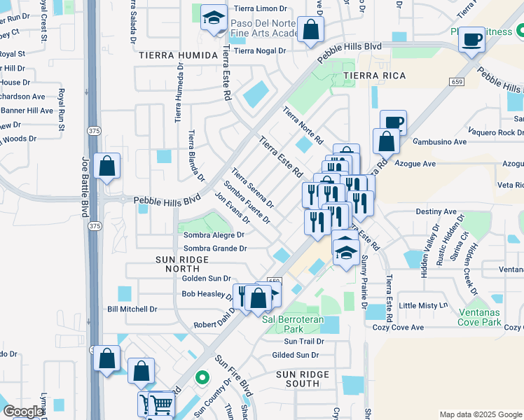 map of restaurants, bars, coffee shops, grocery stores, and more near 2201 Tierra De Oro Way in El Paso