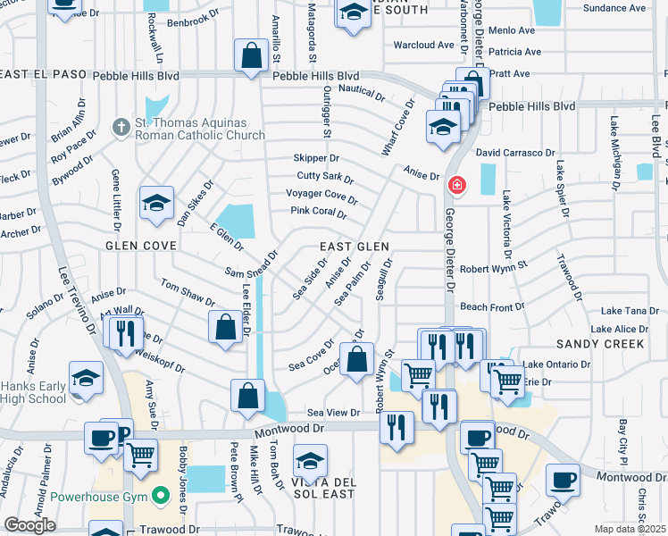 map of restaurants, bars, coffee shops, grocery stores, and more near 2332 Sea Side Drive in El Paso