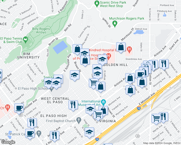 map of restaurants, bars, coffee shops, grocery stores, and more near 1300 Circle Drive in El Paso