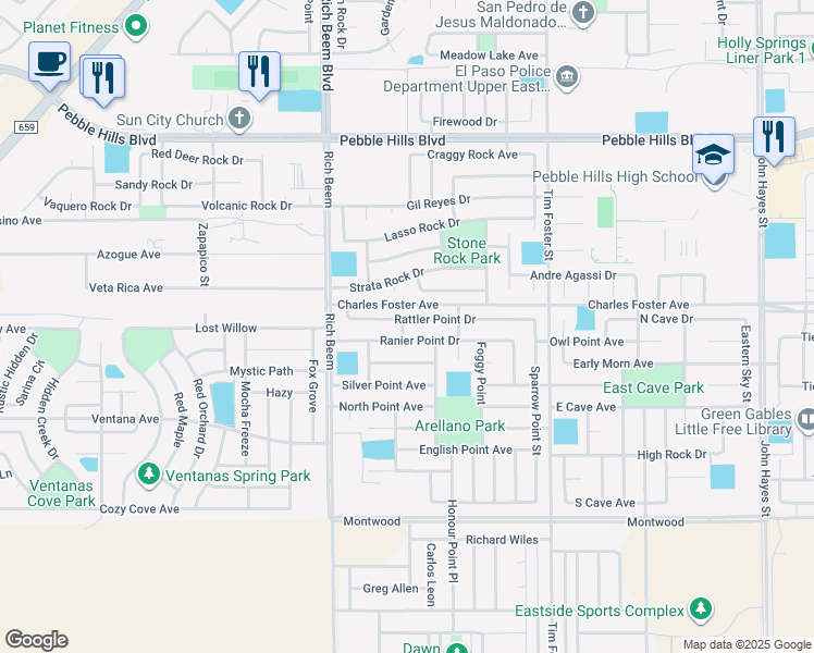 map of restaurants, bars, coffee shops, grocery stores, and more near 14228 Rattler Point Drive in El Paso