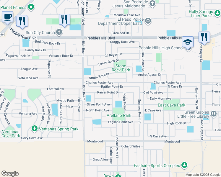 map of restaurants, bars, coffee shops, grocery stores, and more near 14228 Rattler Point Drive in El Paso