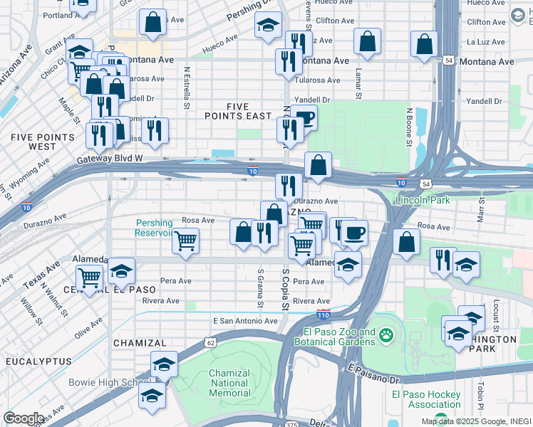 map of restaurants, bars, coffee shops, grocery stores, and more near 208 North Grama Street in El Paso