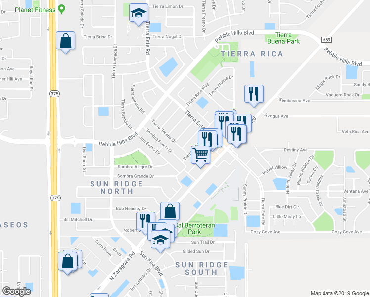 map of restaurants, bars, coffee shops, grocery stores, and more near 2200 Tierra De Oro Way in El Paso
