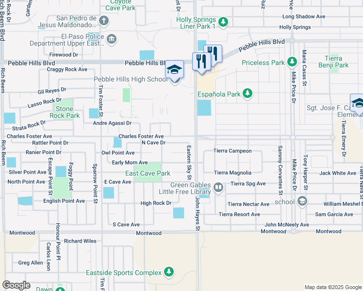 map of restaurants, bars, coffee shops, grocery stores, and more near 14384 North Cave Drive in El Paso