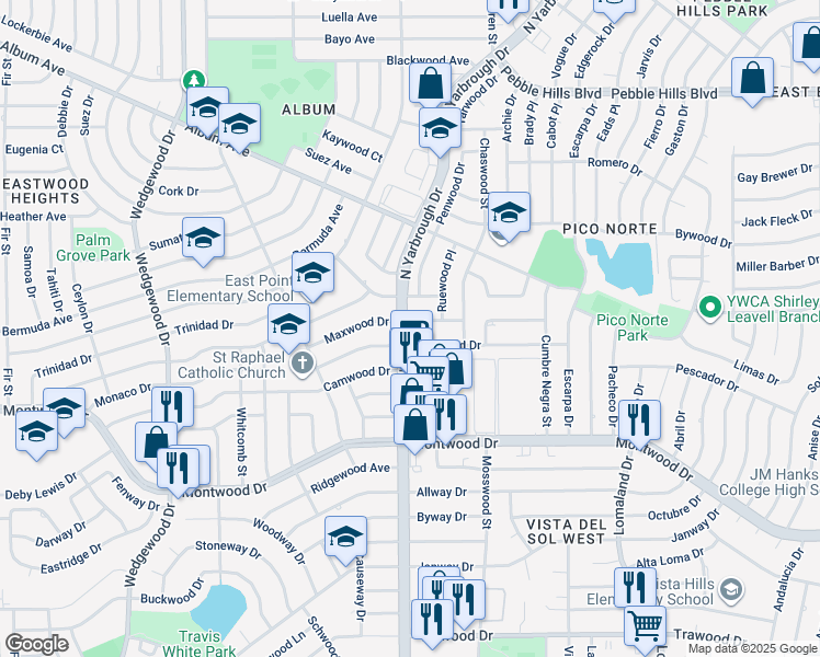 map of restaurants, bars, coffee shops, grocery stores, and more near 10400 Maxwood Drive in El Paso